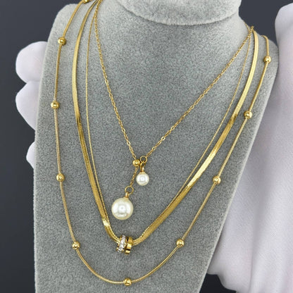 Elegante Perlen-Halskette aus Edelstahl mit Goldbeschichtung – Wasserdicht & Hypoallergen, 45 + 5 cm Verstellbar