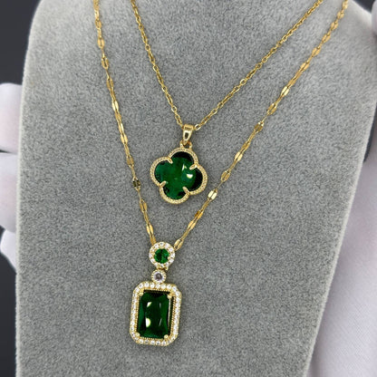 18K Goldplattierte Edelstahl Halskette mit Grünem Zirkonia und Blumenform-Pendant