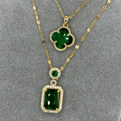 18K Goldplattierte Edelstahl Halskette mit Grünem Zirkonia und Blumenform-Pendant