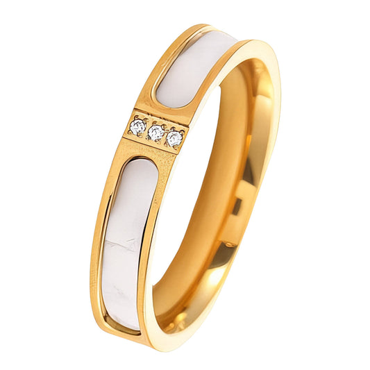 Vergoldeter Edelstahl Finger Ring mit weißem Emaille & Zirkonia – Wasserfest, Hypoallergen, Anlaufbeständig